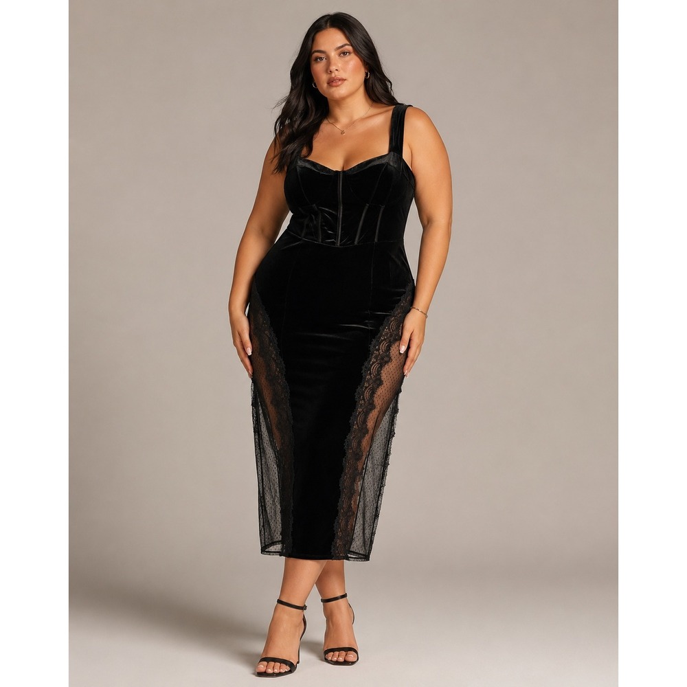 PrettyLittleThing Plus Black Velvet Lace Midi Dress Size US 20